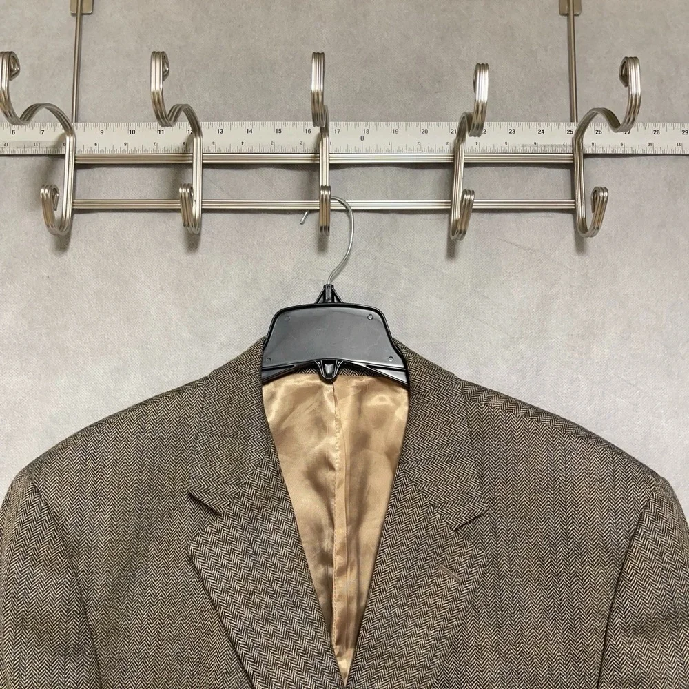 Ralph Lauren Blazer Men 46L Beige Blue Herringbone 3B Winter Flannel Wool Luxury